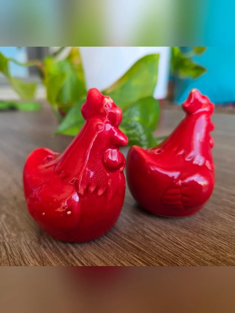 Glossy Red Ceramic Hen Salt & Pepper Shakers
